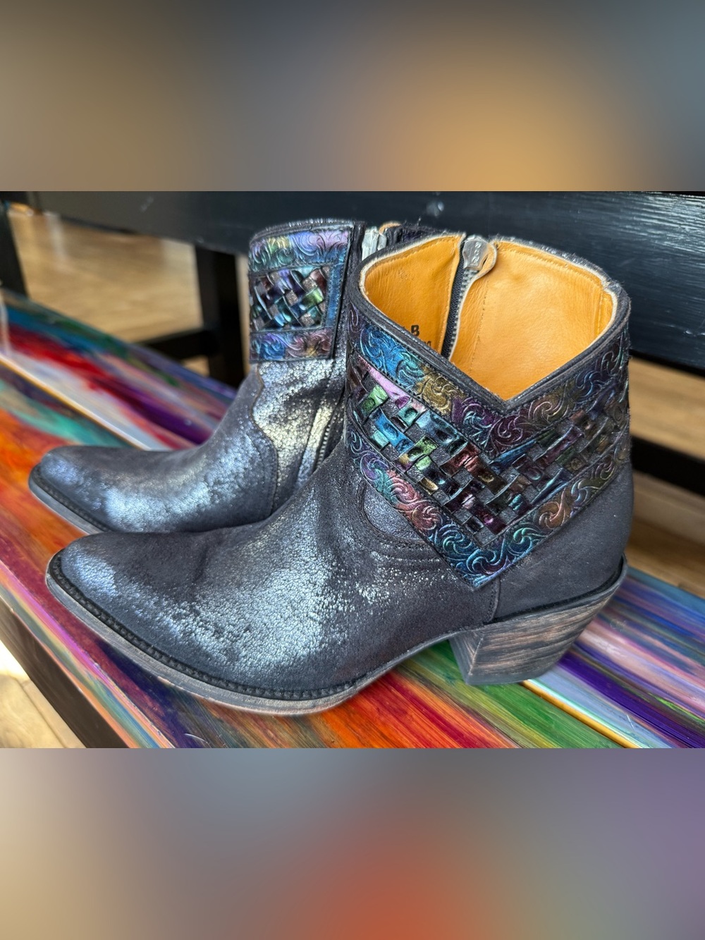 Rainbow Iridescent Trim Old Gringo Leather Ankle Boots with Iridescent Shimmer